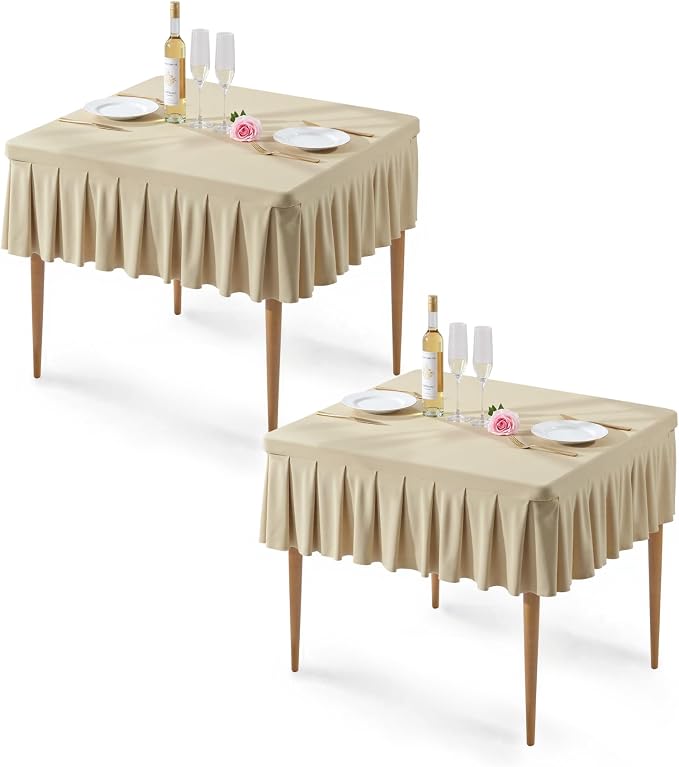 2 Pack Natural Spandex Tablecloths for 34x34 Inch Square Tables, Stretch Fitted Table Clothes with Pleated Ruffle Skirt for 34” Table, Wrinkle Free and Elastic, for Party Kitchen Home Dining