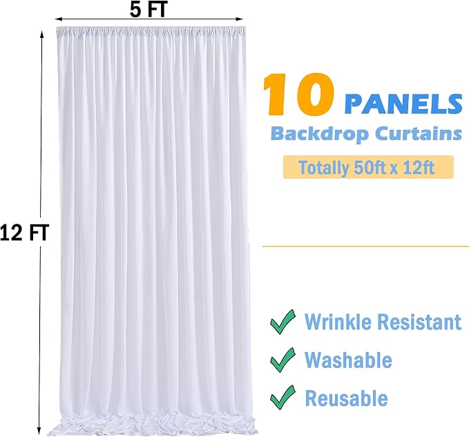 50ft x 12ft Wrinkle Free White Backdrop Curtains for Parties, 10 Panels 12FT Long Silky Polyester Photo Backdrop Drapes Back Drop Cloth for Wedding Birthday Photography Background Decor