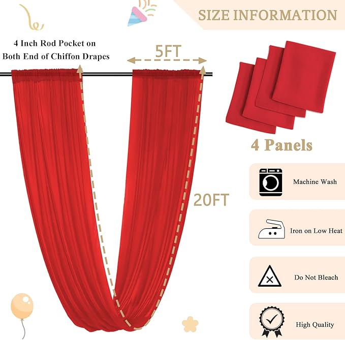 MODFUNS 4 Panels Red Ceiling Drapes 5FTx20FT Chiffon Fabric Draping Fabric Sheer Wedding Ceiling Drapery Chiffon Curtains for Backdrop Swag Drape Curtains for Wedding Arches Anniversary Tent Draping