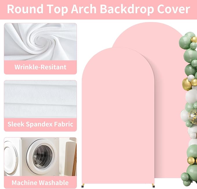 2 Pack Arch Backdrop Stand and Cover Set (7.2FT/6FT), Balloon Arch Stand, Metal Background Arch Stand, Backdrop Arch Frame, Wedding Arch for Backdrop (Pink Cover)