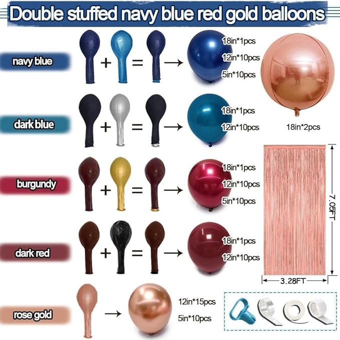 Red Blue Balloon Garland, Double Stuffed Navy Blue Dark Burgundy Balloon Arch Kit Rose Gold Fringe Curtains for Birthday Graduation Mardi Gras Party Decoration