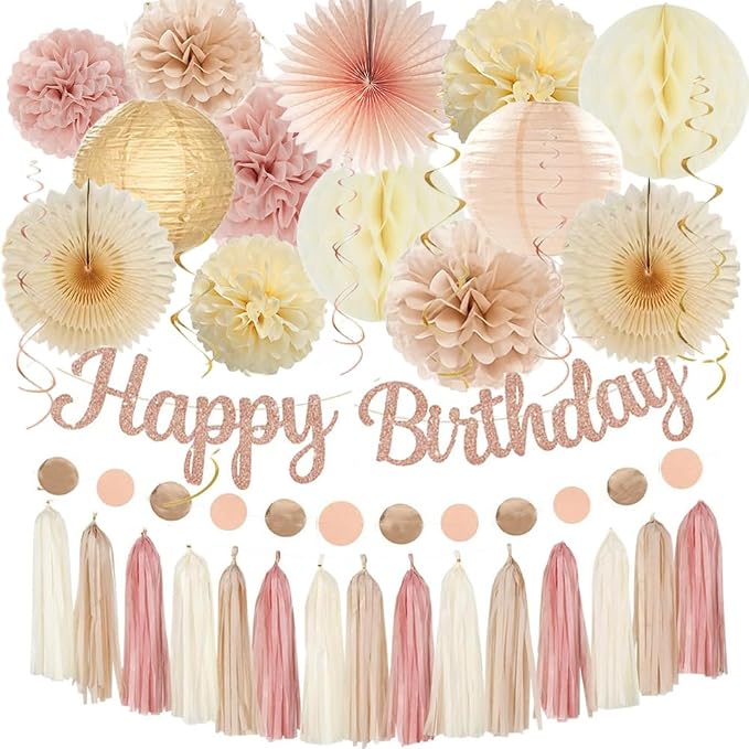 Boho Happy Birthday Party-Decorations Champagne-Gold Beige 34pcs Hanging Swirls,Tissue Paper Pompoms,Circle Dots Garland,Tassel Garland (Champagne Gold Birthday Set)
