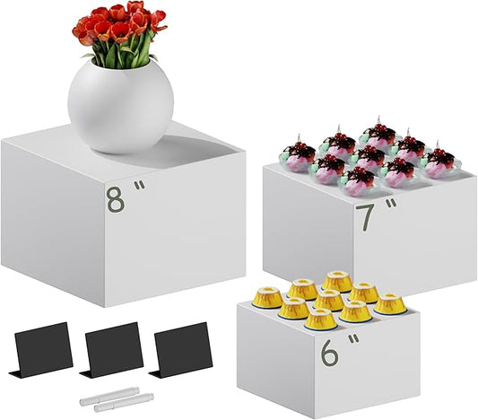 3 PCS 8" 7" 6" White Buffet Risers with Mini Sign and Makers, Large Food Risers for Buffet Table, Display Shelf Stands for Party, Catering, Dessert, Jewelry Collectibles, Nesting Cube Boxes with Hollow Bottoms Set