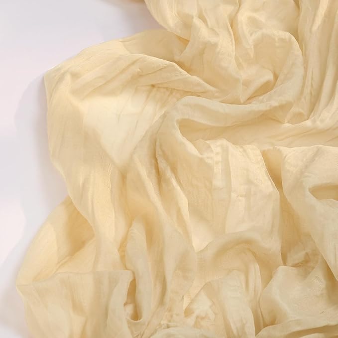 DeZerlor Champagne Gold Cheesecloth Table Runner Spring Easter Table Runner Boho Gauze 120 Inches Champagne Cheese Cloth Table Decor for Wedding Bridal Baby Shower Parties