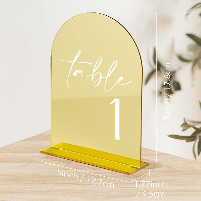 HOODO Gold Mirror Acrylic Wedding Table Numbers 1-10 with Stands, 5"x7" Arched Acrylic Signs and Holders, Gold Mirror Arch Table Numbers for Wedding Reception, Centerpiece, Party, Anniversary, Event