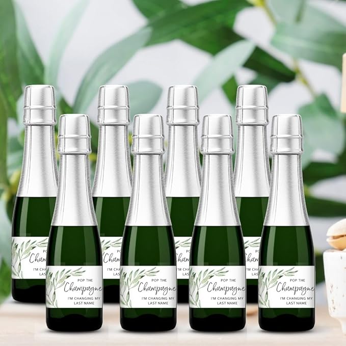 POP The Champagne I’m Changing My Last Name Labels ● Set of 12 ● Bachelorette Party Bridal Shower Bride Squad Mini Champagne Bottle Labels Wine Label Alternative to Cards Shirts (Greenery)