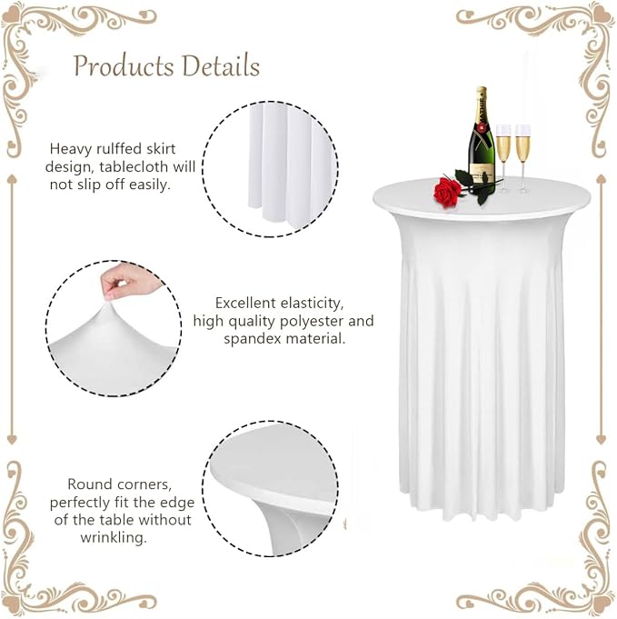 Albassa 4 Pack Cocktail Table Covers 32"x 43" Spandex Stretch Round Cocktail Tablecloths with Wavy Drapes Fitted High Top Bar Table Skirt for Wedding Party Banquet (White, 4 PCS)