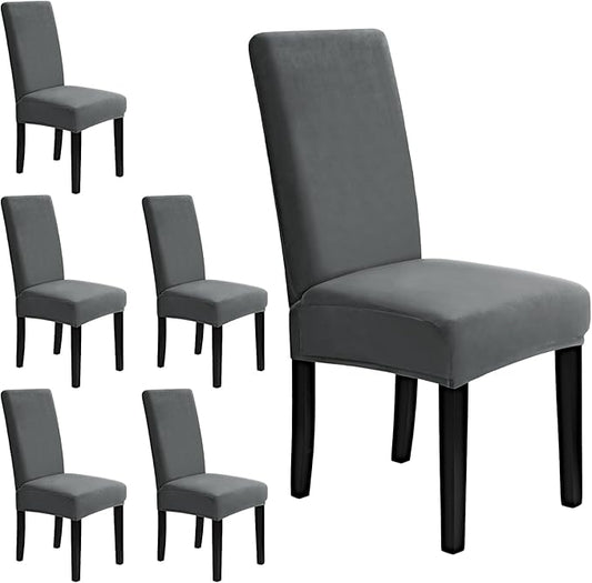 MOSAYT Velvet Stretch Chair Covers for Dining Room Set of 6 - Soft Slipcovers with Thick Removable Fabric for Parsons Chairs, Washable Seat Protectors for Kitchen, Banquet & Home Decor, Grey