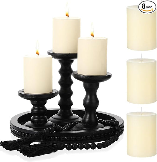Reallnaive 8 Pcs Farmhouse Wood Candle Holders with Pillar Candles Set Wooden Rustic Candle Holders Round Decorative Serving Tray Bead Garland with Natural Wood Tassels for Table Centerpiece (Black)