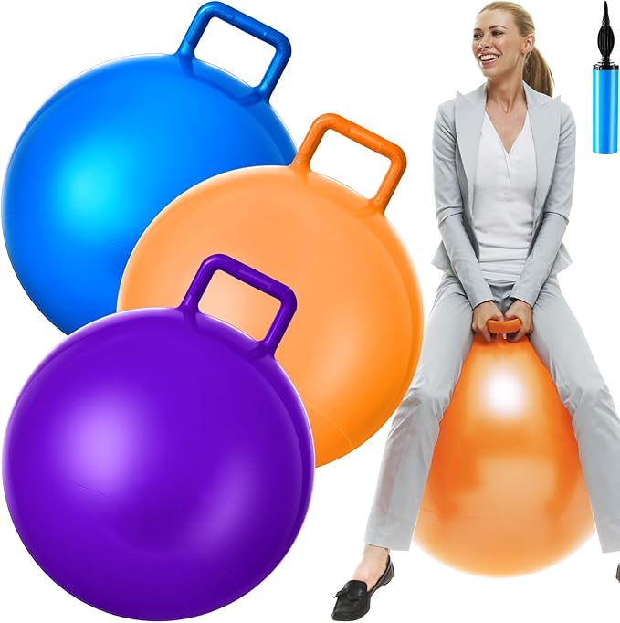 Lewtemi 3 Pcs 22 Inch Bouncing Ball with Handle, Outdoors Hopper Jumping Hopping Ball and Air Pump for Sports Exercise (Orange, Blue, Purple)