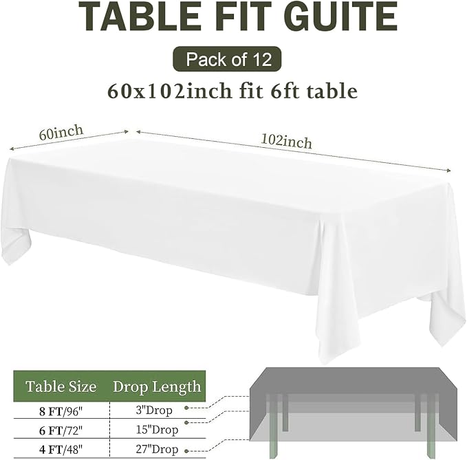 12 Pack White Table Cloth Rectangle Table 60 x 102 Inch Tablecloth for 6ft Tables, Stain and Wrinkle Resistant Polyester Washable Fabric Tablecloth for Wedding Banquet, Restaurant, Parties