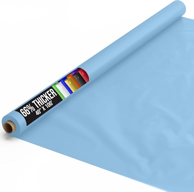 Party Solids 66% Thicker Premium Light Blue Plastic Table Cover Roll 40" X 100' Table Cloth Plastic Cover Roll Quality Thick Banquet Rolls Disposable Tablecloth Rolls Strong American Based Company