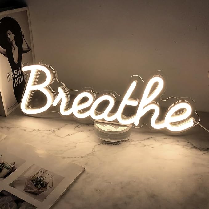Breathe Neon Sign for Wall Decor by 5V USB Powered, Neon Breathe Signs with Dimmer Switch for Home, Yoga Studio Bedroom Readingroom, Lounge Wall Decoration Size 17x6 inches Warm White Yoga Studio Decor