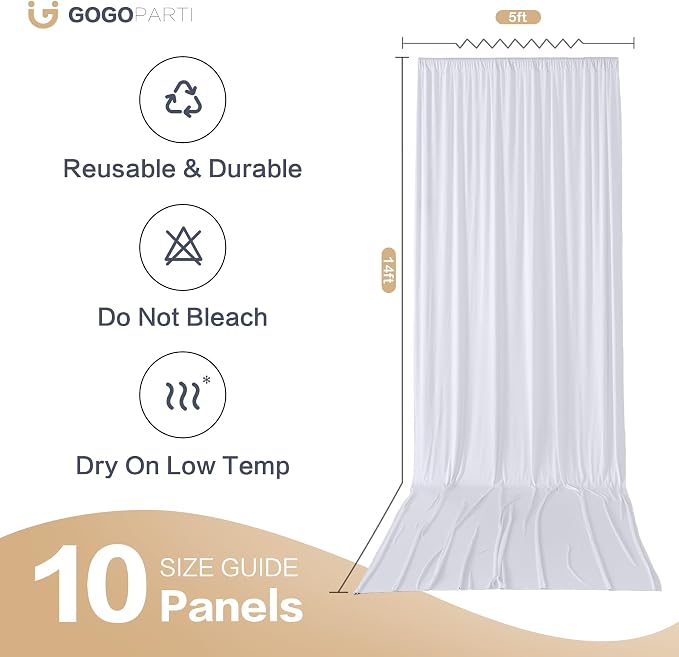 50x14ft White Backdrop Curtains for Wedding Party, 10 Panels 14 ft Long Back Drop Cloth, Wrinkle-Free Polyester Drapes for Birthday, Baby Shower, Stage Photography Background