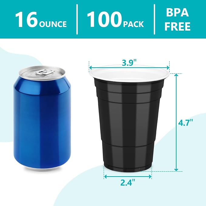LANLISA 100 Black Plastic Cups, 16 oz Disposable Cups, Drinking Cups For Party Supplies