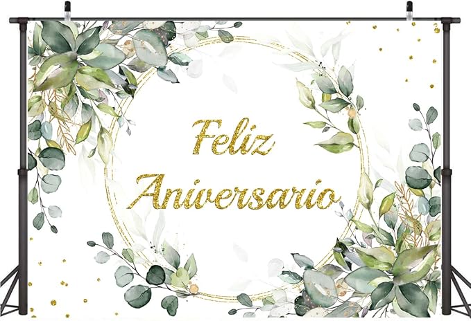 Lofaris Feliz Aniversario Backdrop for Photography Green Leaves Shinning Dots Gold Ring Mexican Happy Anniversary Decorations Supplies Floral Cake Table Banner Photo Booth Props 7x5ft