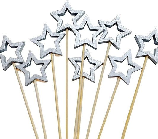 Cupcake Toppers 150PCS Star Shape Bamboo Skewers Food Cocktail Skewers Picks Buffet Fruit Cupcake Fork Sticks Party Table Decoration Supplies(Silver)