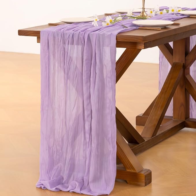 Socomi 3pcs Lilac Purple Lavender Cheesecloth Table Runner Summer Boho Rustic Gauze 120 inch 10FT Cheese Cloth Sheer Runner for Wedding Party Baby Shower Birthday Home Decor Holiday Decorations