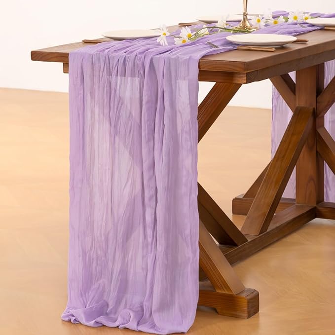 Socomi 3pcs Lilac Purple Lavender Cheesecloth Table Runner Summer Boho Rustic Gauze 120 inch 10FT Cheese Cloth Sheer Runner for Wedding Party Baby Shower Birthday Home Decor Holiday Decorations