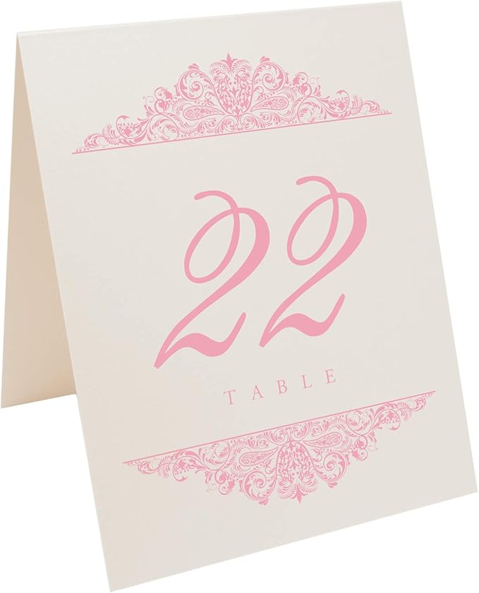 Paisley Wedding Table Numbers (Select Color/Quantity), Champagne, Pink, 1-30, Double Sided, Tent or Use in a Stand, Great for Parties & Restaurants - Made in the USA