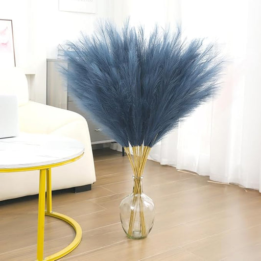 43" Faux Pampas Grass Decor - 8 PCS Tall Fluffy Pampas Grass Flower Arrangement and Vase Filler for Boho Home Wedding Mothers Day Decoration (Navy Blue)