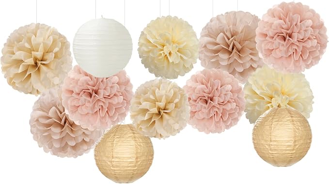 Champagne-Gold White Party-Decorations Paper-Flowers Lanterns - 15PCS Boho Fall Rustic Tissue Pom Poms Streamers,Wedding Baby Bridal Shower Neutral Autumn Birthday Hanging Supplies Decor Hugfond