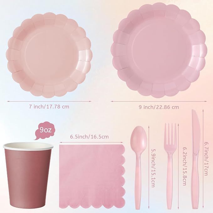 Yaomiao 168 Pcs Dusty Pink Dinnerware Sets Blush Pink Plates Round Disposable Paper Plates Cups Napkin Knife Fork Spoon Serve 24 Guests Wedding Bridal Baby Shower Princess Birthday Party Supplies
