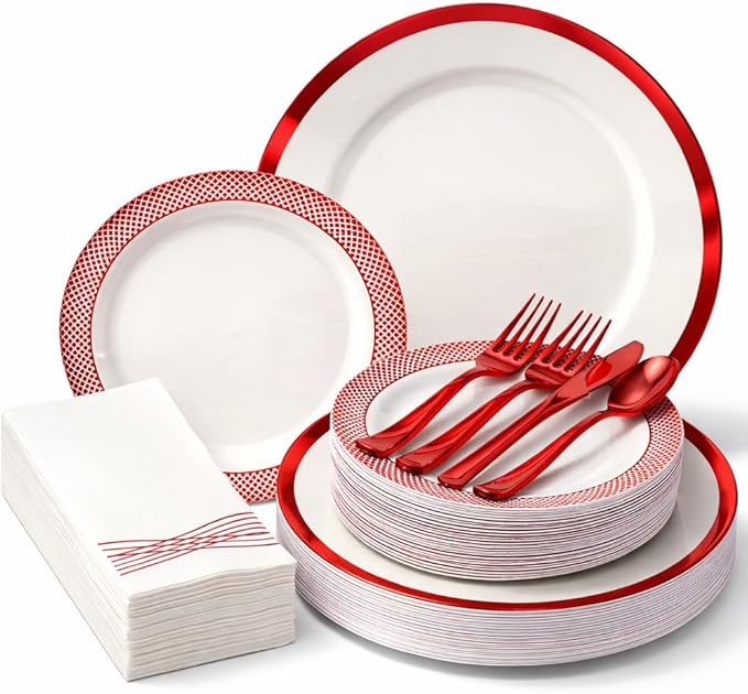 By Madee HEAVYWEIGHT 175 Pc White and Red Disposable Dinnerware Set – Fancy Plastic Plates for Party, Wedding & Bridal Shower (Serves 25)
