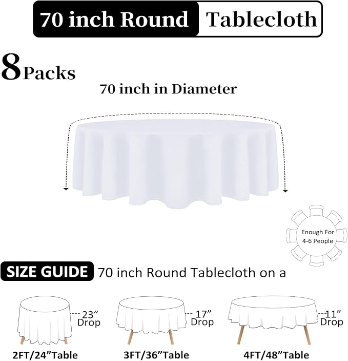 8 Pack White Round Tablecloth 70 Inch White Table Cloth (Fits 24-58 Inch Tables) Stain and Wrinkle Resistant Reusable and Washable Polyester Fabric for Buffet Wedding Party and Banquet