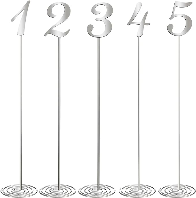 Therwen 20 Pcs Metal Table Numbers 1-20 Table Numbers for Wedding Reception 12 Inch Stainless Steel Party Desk Figure with Sturdy Holder Base for Banquet Wedding Party Event Catering(Silver)