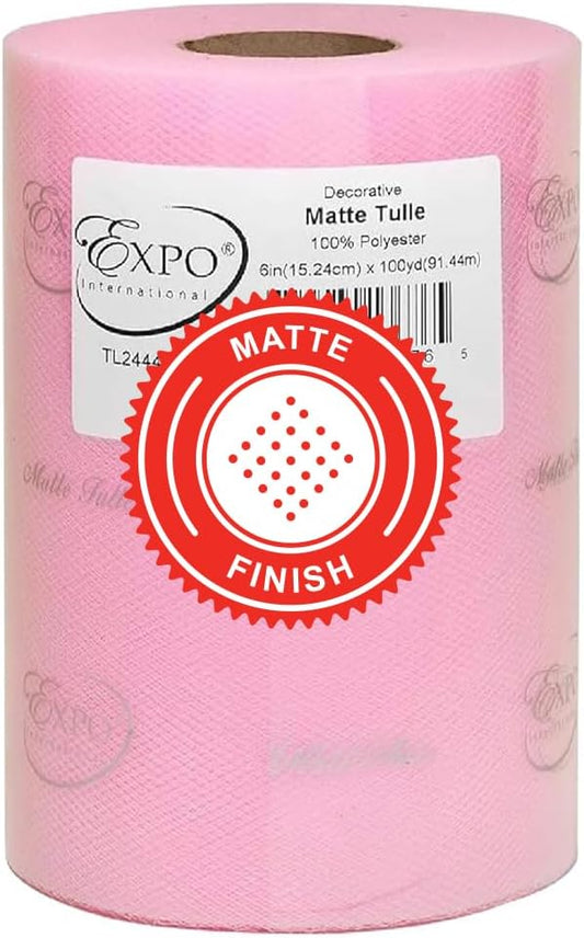 Expo International Decorative Matte Tulle, Roll/Spool of 6” X 100 Yards, Lightweight Polyester Tulle Fabric for Tutus, Costumes, and Party Decorations, Washable, Easy-to-Use, Pink