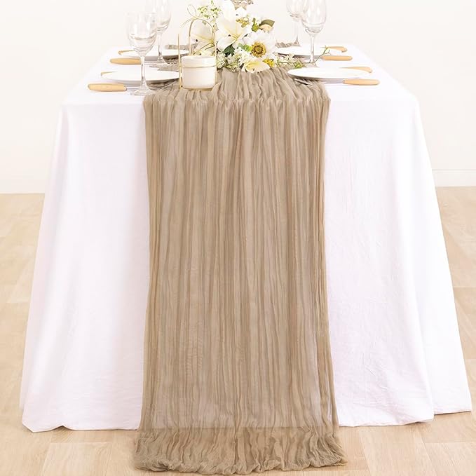 MLMC Nude Cheesecloth Table Runner 10ft Boho Gauze Taupe Cheese Cloth Table Runner Rustic Neutral Centerpiece Decor 35x120 Inches for Wedding Farmhouse Reception Home Decor