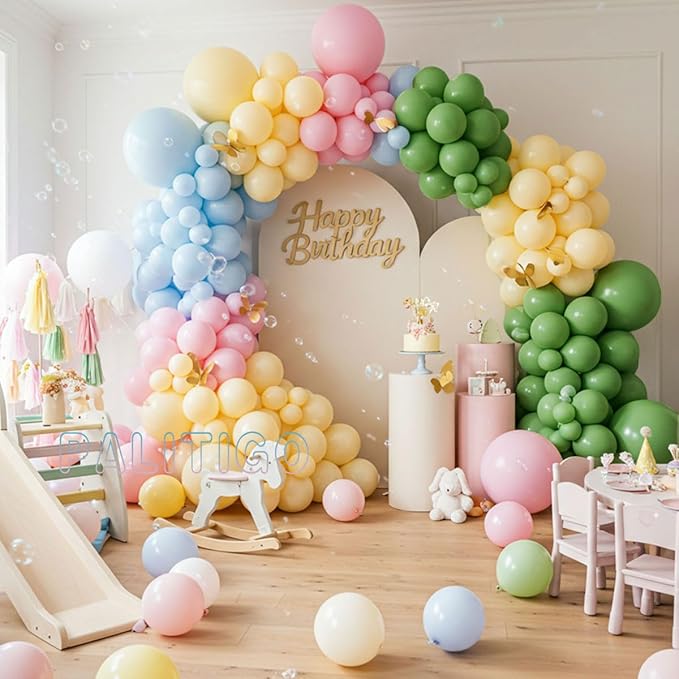 Pastel Balloon Arch Kit for Baby Shower Decorations, Birthday Party, Garden Wedding – Double Stuffed Pink Blue Yellow Green Balloons with Gold Butterflies – Girl Boy Gender Reveal Decorations