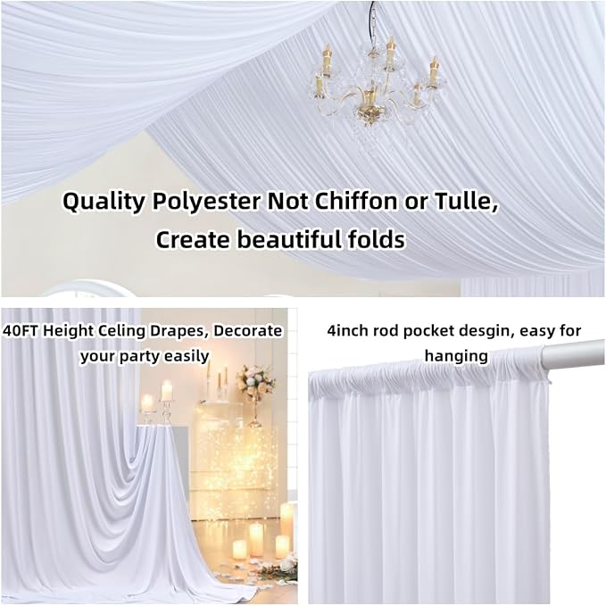 Outpain 50ftx40ft White Backdrop Ceiling Drapes,10Panels 40ft Height Wrinkle Free Tent Draping Curtains, Fabric Drapery Ceiling Drapes for Wedding Ceremony Birthday Theme Parties with Rod Pocket