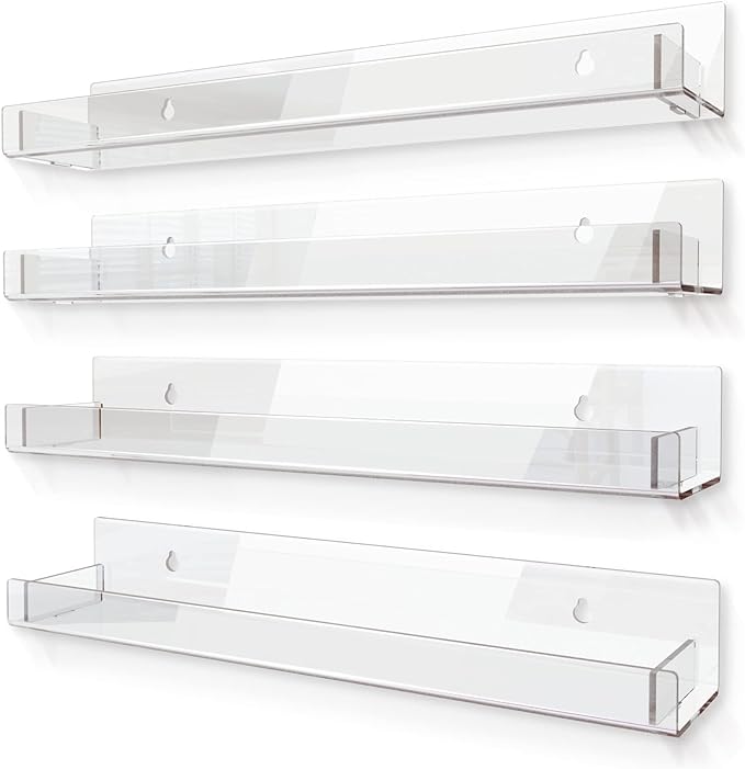 4 Pack 15 Inch Clear Acrylic Shelves, Clear Kids Floating Bookshelf for Kids Room, Modern Nail Polish Rack Sunglasses Essential Oil Picture Ledge Display Toy Storage Wall Shelf