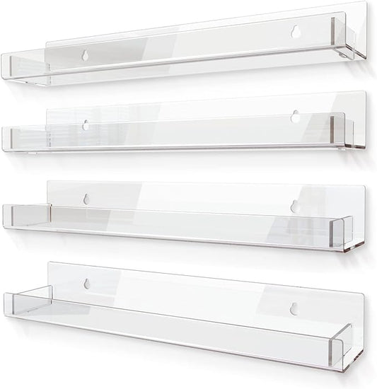 4 Pack 15 Inch Clear Acrylic Shelves, Clear Kids Floating Bookshelf for Kids Room, Modern Nail Polish Rack Sunglasses Essential Oil Picture Ledge Display Toy Storage Wall Shelf