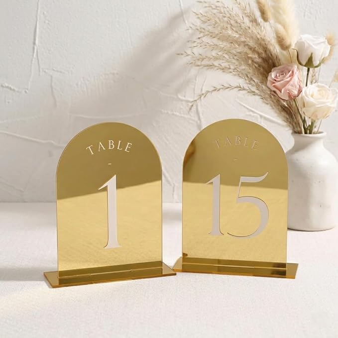 UNIQOOO Gold Mirror Arch Wedding Table Numbers with Stands 1-15, 5x7 Acrylic Display Signs and Holders, Pack of 15, Perfect for Centerpiece, Reception, Decoration, Party, Anniversary, Event