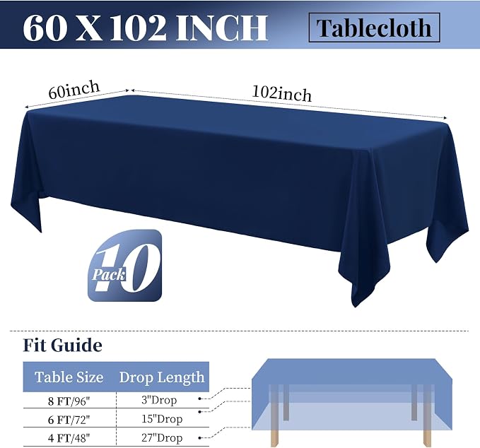 fani 10 Pack 60 x 102 Inch Tablecloth, Navy Blue Tablecloth for 6 Feet Rectangle Tables, Stain and Wrinkle Resistant Washable Fabric Table Cloth for Wedding Party Dining Table Buffet Parties Camping