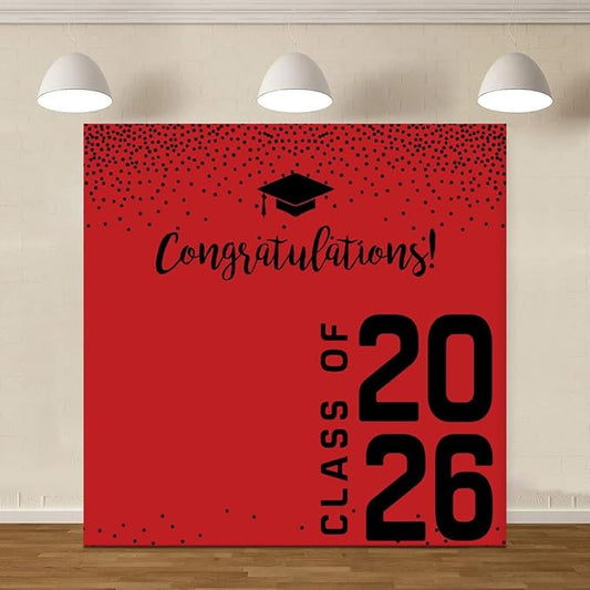 ChloropLastid 12x12ft Red Black Class of 2026 Glitter Backdrop Congrats Grad Photography Background Minimalist Circular Dots Graduation Banner for Graduation Prom Send Off Party Photo Booth Decor
