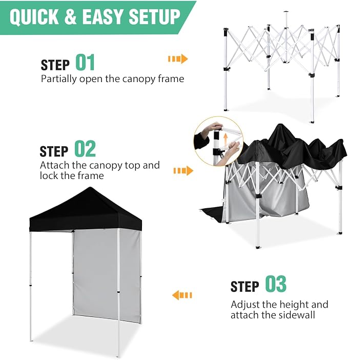 5x5 Pop Up Canopy Tent with One Sidewall, Instant Portable Beach Canopy, Outdoor Tent with Carry Bag for Camping, Sports, Tailgating, Events, Black