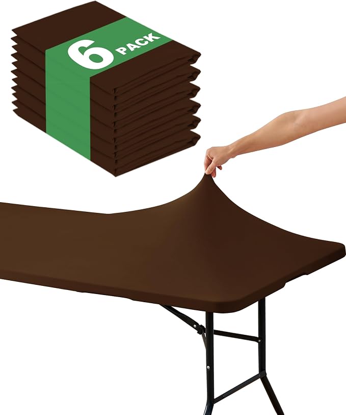 KeyWave Fitted Tablecloth Rectangle Table Cloths - 6 Pack 8 Foot Elastic Stretch Folding Table Top Cover Water-Resistant Reusable for Outdoor Picnic Camping Party Event, Brown, 96" L x 30" W