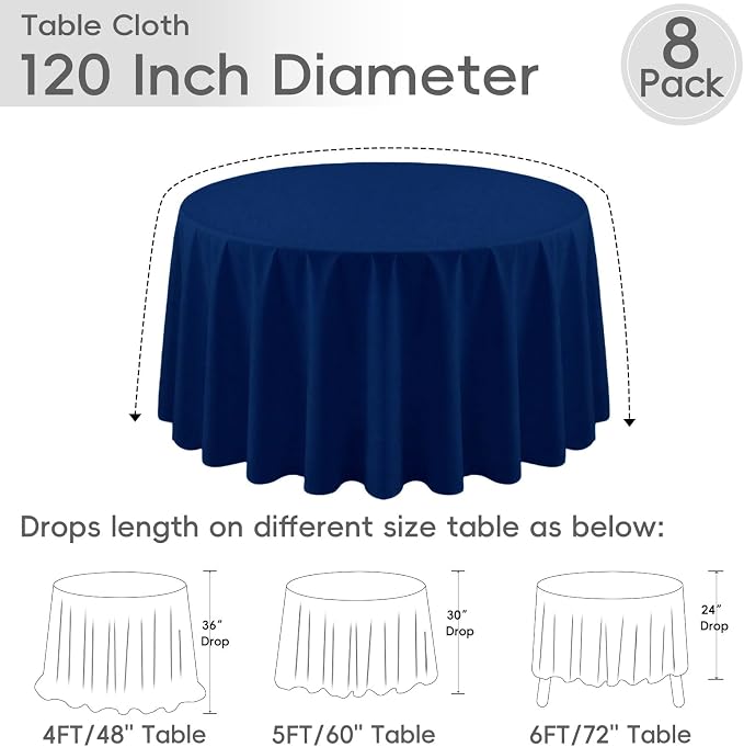 8 Pack Navy Blue Round Tablecloth 120 Inch Cloth Table Cloth for Round Tables, Washable Polyester Table Cloth Stain and Wrinkle Resistant Decorative Table Cover for Wedding Party Dining Banquet