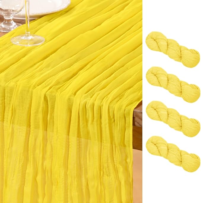 DeZerlor Lemon Yellow Cheesecloth Table Runner 4 Pack Spring Easter Table Runners Boho Gauze 120 Inches Yellow Cheese Cloth Table Decor for Wedding Bridal Baby Shower Parties