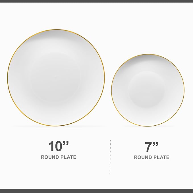 PLASTICPRO 32 Piece Combo Plates Set includes 16-7'' inch Plate & 16-10'' inch Plates White Plastic Organic Party Plate With Gold Rim, Premium heavyweight Elegant, Tableware, Dishes,