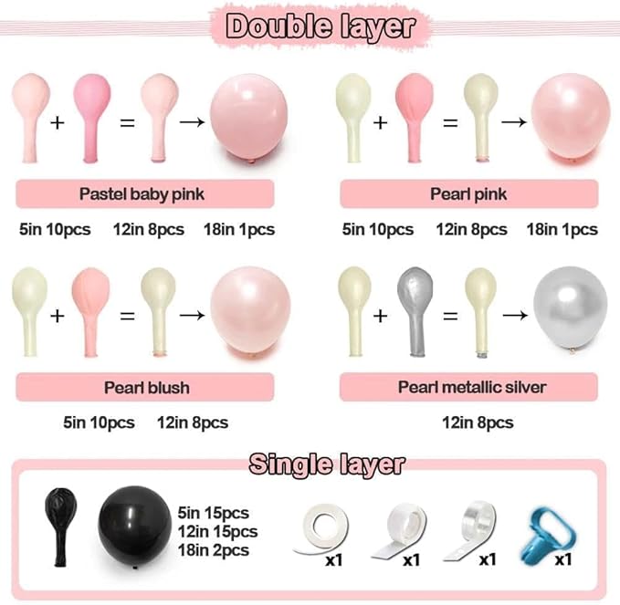 Pearl Pink Black Balloon Arch Kit, Double Stuffed Pastel Baby Pink Blush Silver Balloon Garland for Baby Shower Birthday Bridal Wedding Graduation Mothers Day Women Bachelorette Party Decoration
