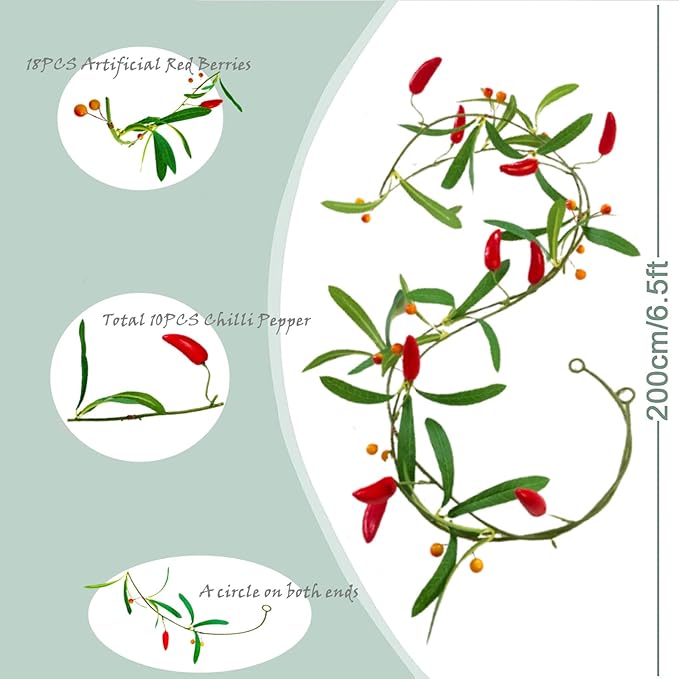 Artificial Chili Hanging Vines Plant Garland Artificial Berries Pepper Rattan for Home Garden Wedding Party Decor (X-Chili Vine, 2 Pack)