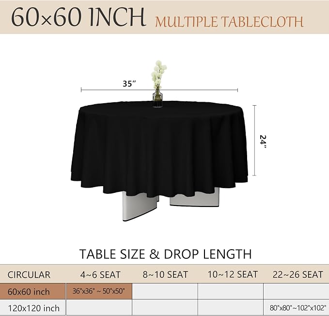 60x60 Table Cloth - 2 Pack Round White Washable Stain and Wrinkle Resistant Polyester Table Cover for Dining Tables, Various Parties and Camping (Black)