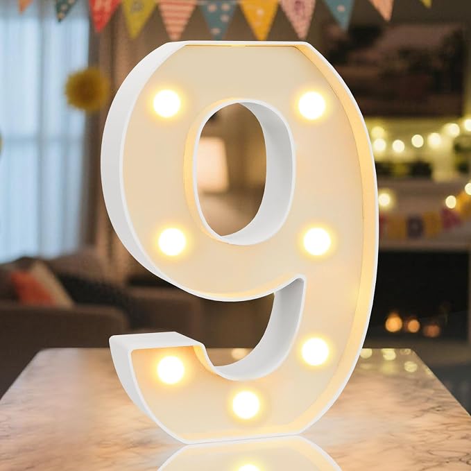 LED Marquee Light Up Numbers Sign - Lighted Birthday Numbers Sign for Birthday Party Decoration, Bar Wall, Home, Table Room, Wedding and Christmas Decorations, Number 9