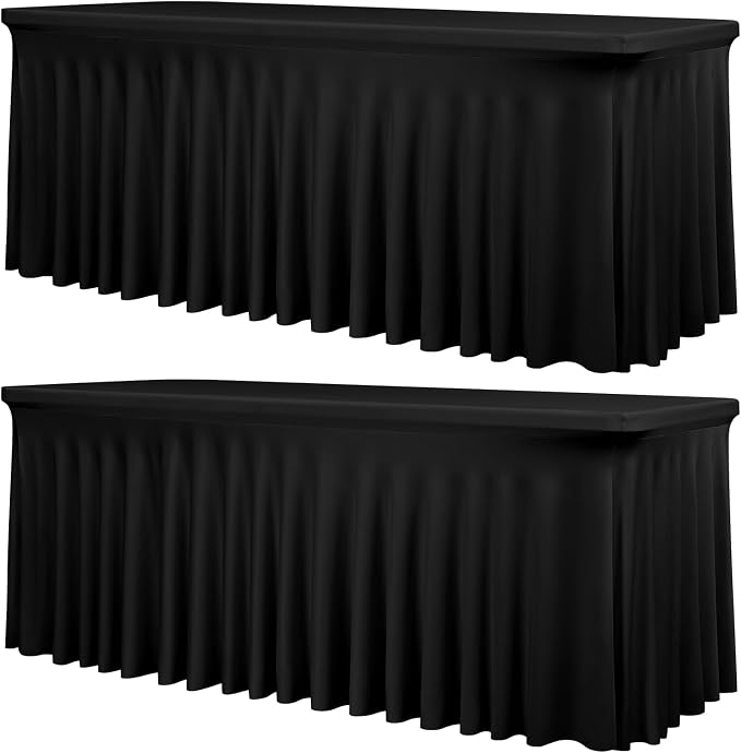 fani 2 Packs Black Stretch Table Skirts for 6 Foot Rectangle Table, Washable Spandex Stretch Tablecloths with Skirt, Wrinkle Resistant Fitted Tablecover for Wedding Party Banquet