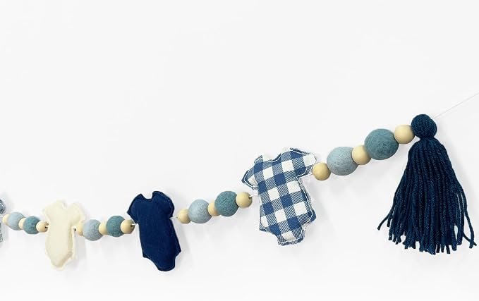 Dusty Blue Plaid Baby Clothes Decorations Pre-Strung Handmade Felt Baby Clothes Wooden Bead Wool Felt Ball Banner Garland for Sweet Baby Boy It's a Boy Baby Shower Party Nursery Fireplace Home Decor
